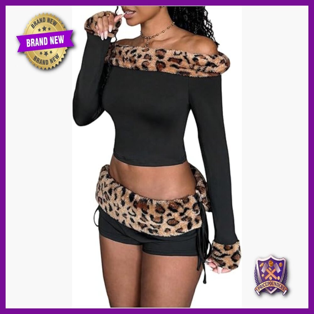 Fuzzy Leopard 2-Piece Set Off Shoulder Crop Top Mini Shorts Medium